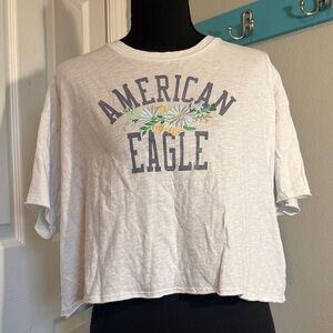 American Eagle Outfitters White Cropped Tee with Floral Logo
